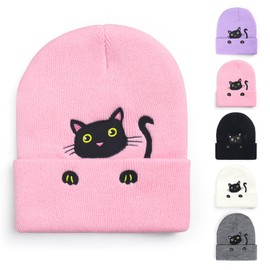 Cat Beanie Knitted Hats, Soft Cute Crochet Cat Beanie with Embroidered Cat Pattern, Womens Winter Cat Beanie for Girls Indoor Outdoor Cat Gift (One Size, Pink)
