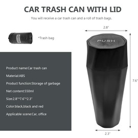 ZNDAW Car Trash Can with Lid, Mini Cup Holder Garbage Bin with Additional Trash Bags, Leakproof Portable Dustbin Multipurpose Organizer for Auto Door Front Seat Home Office(Black)