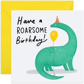 Old English Co. Have A Roarsome Birthday Dino Card - Fun Cute Party Hat Card for Children | Dinosaur Theme For Young Girl or Boy | Blank Inside & Envelope Included