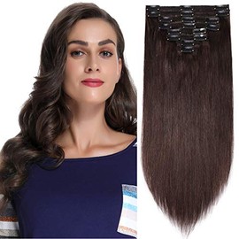 S-noilite Clip in Hair Extensions Human Hair Thick True Double Weft Clip in 100% Real Human Hair Full Head 8 Pieces 18 Clips Straight Silky (10 Inch - 110g,Dark Brown (#2))