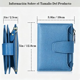Cartera para Mujer Pequeña, Carteras de Cuero Plegable y Compacta, con RFID Bloquea, Tarjetero de Crédito, Mini Monedero de Viaje con Cremallera y 4 ID Ventana, Regalos para Mujer (Azul)
