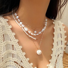 Bohemian Beach Charm Necklace for Women Imitation Pearl Gold Plated Layered Sequins Conch Starfish Shell Choker Stacked Beach Jewelry Holiday Summer Beaded Necklace Set Gifts-F