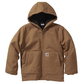 Carhartt Boys' Flannel-Lined Hooded Canvas Insulated Zip-Up Jacket, Brown, 4-5T