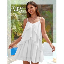 DRESSTELLS Women's Cocktail Dresses, 2025 White Summer Graduation Party Beach Wedding Guest Church Ruffle Tiered Chiffon Aline Mini Dress White XL