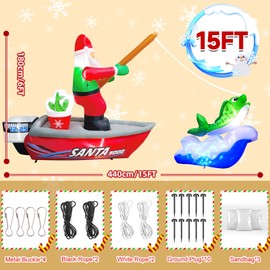 Kalolary 15FT Long Christmas Inflatables Fishing Santa Claus, Santa Inflatables Blow Up Yard Outdoor Decorations with Built-in Rotating Blue LED Lights for Xmas Party Yard Garden Lawn Indoor Decors