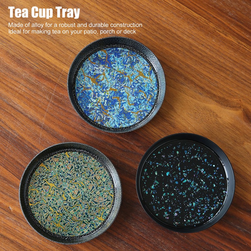 Small Tea Tray Complex Pattern Round Alloy Decorative Tea Serving