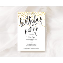 Modern Birthday Party Invitation, Party for Him or Her, Gold Confetti 21st Birthday, 30, 40, 50, 60, 70, 75th Birthday Party Celebration Invitation, Set of 10 with Choice of Colors and Envelopes 24-36