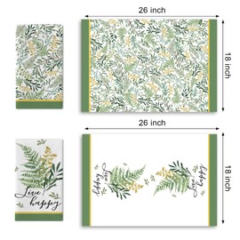 Croar Fern Print Live Happy Kitchen Dish Towels Set of 2, Green Leaves Botanical Plant Drying Hand Towel Baking Cooking Cloth, Spring Summer Bathroom Home Decoration 18'' x 26''