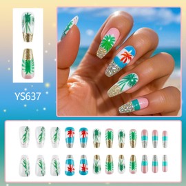 Coffin Press on Nails Fake Nails Medium False Nails with Beach Coconut Tree Designs Acrylic Nail Fale Nails Press for Women 24 Pcs (Blue-4, LM-4)