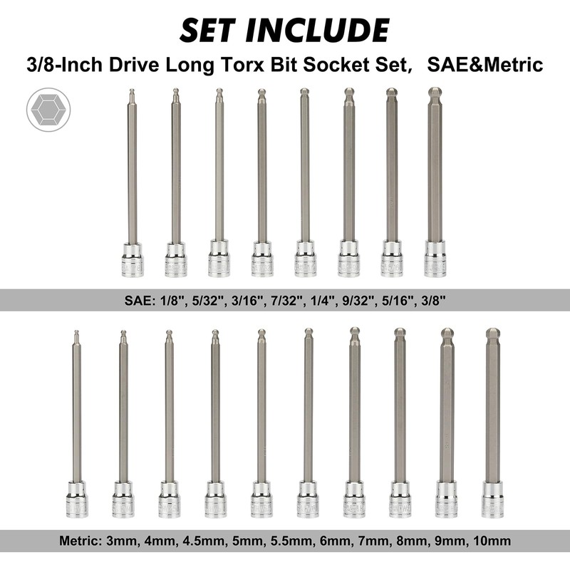 CASOMAN 3/8"Drive Extra Long Ball-End Hex Bit Socket Set, 18