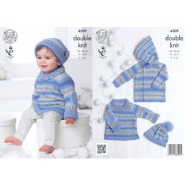 King Cole Double Knitting Pattern Long Sleeved Sweater Jacket & Hat Set Baby Drifter DK (4309) by King Cole