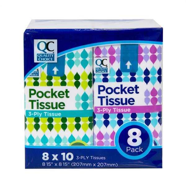 Quality Choice Tissue Pocket Packs 3-Ply White (10 Tissues per) 8 Pouches Each (6)