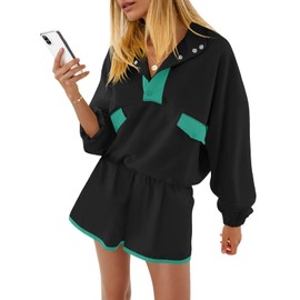 Fisoew Womens 2 Piece Sets Sweatsuits Casual Half Button Color Block Sweatshirts Running Shorts Tracksuits Fall Outfits