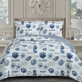 Royal Hotel Bedding Sea Shell Oversized Coverlet Set, Luxury Printed Design Quilt, Bedspread Set - Filled Quilts - Fits Pillow top Mattresses - 2PC Set - Twin/Twin-Extra-Long Size