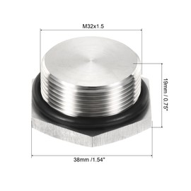 PATIKIL M32x1.5 Male Plug, 1 Pack Waterproof Dustproof 304 Stainless Steel Thread Hex Head Socket Solid Pipe Fitting with Sealing Rubber Ring