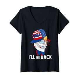 Womens I'll Be Back Trump 2024 Hip Hop Skull Trump 4th of July V-Neck T-Shirt