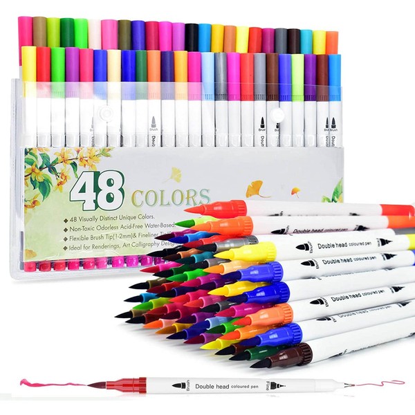 PACETAP 48 Colors Coloring Markers, Dual Tip Watercolor Brush Pen with 0.4mm Fine Liner Tip and Bold Highlighter Brush, Perfect for Lettering Calligraphy Bullet Journaling Painting, Kids & Adults