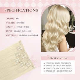 Hyssiet Clip in Real Human Hair Extensions, 22 Inch Platinum Blonde Silly Straight Clip Hair, Remy Thick Invisible No Shedding,105 Gram 7 Pieces With 16 Clips Adds Instant Volume And Length