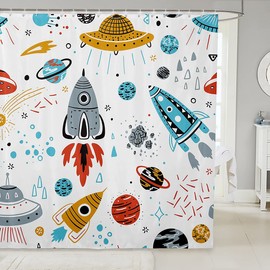 Feelyou Kids Space Rocket Shower Curtain Boys Universe Planet Bathroom Shower Curtain Set for Children Outer Space Adventure Bath Curtain Space Ship Design Waterproof Room Decor 72"x78"