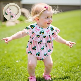 xkwyshop Newborn Baby Girl Summer Outfit Farm Tractor Bow Smocked Bubble Romper Short Sleeve Bodysuit Country Clothes (Pink, 6-12 Months)