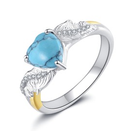Turquoise Feather Ring 925 Sterling Silver 7mm Heart Turquoise Vintage Western Rings Jewelry Gifts for Women Chritmas Mother's Day, Size 9