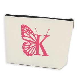AOZHUO Initial Makeup Bags for Women Lined Monogram Cosmetic Bag Birthday Gifts for Women Girls Bridesmaid Best Friends Sisters, Travel Toiletry Bag, Pink Butterfly Letter K