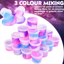 118 Pack Unicorn Galaxy Slime Kit, Non Sticky, Stress & Anxiety Relief, Wet, Bulk Slime Cup, Unicorn Slime Party Favors for Girls & Boys, Birthday Gift, Classroom Reward, Goodie Bag Stuffers