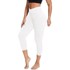 MOREFEEL V Cross Waist Capri Leggings for Women- Summer Workout Tummy Control Butt Lift Soft Sports Gym Yoga Pants Tights, White, Large-X-Large