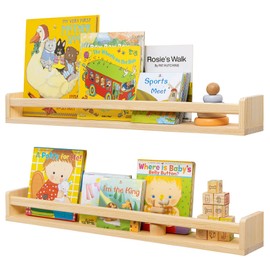 Fun Memories Nursery Book Shelves - Rustic Natural Solid Wood Floating Bookshelf for Kids - Wall Book Shelves for Kids Room (Natural, 32inch - 2P)