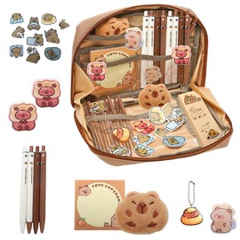 Fouvin Capybara Stationery Set, Capybara Pencil Case with Pens, Clips, Memo, Capybara Plush Dolls and Stickers, for Office, School, Kids, Students, Stationery Supplies