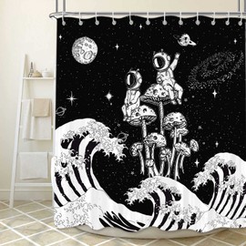 Funny Black and White Wave Shower Curtain for Bathroom, Cool Mushroom Astronaut Space Art Fabric Shower Curtains Set, Unique Japanese Galaxy Novelty Restroom Decor Accessories with Hooks 72X72inches