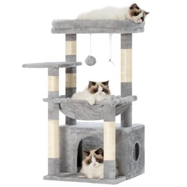 Heybly Cat Tree, Kitten Tower with Large Soft Cat Basket, Cat Condo with Spacious Cat Bed Cave with Hidden Space, Sisal-Covered Scratching Posts, Dangling Ball for Indoor Cats, Light Gray HCT008SW