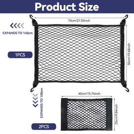 Kofferraumnetz Gepäcknetz Auto 70 x 50cm Erstreckt Sich auf 140 x 100cm Mit 4 Massiven Haken + 2 Organizer Netztasche, Kofferraum Netz, Elastischer Rand hält Lasten Fester, für die Meisten Autos