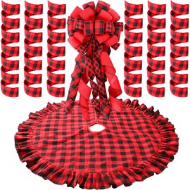 Christmas Tree Topper Bow Buffalo Plaid Christmas Tree Topper Xmas Decor Rustic Tree Toppers Large Outdoor Bows Ribbon Tree Topper with Xmas Plaid Tree Skirt Ornament (Red and Black)