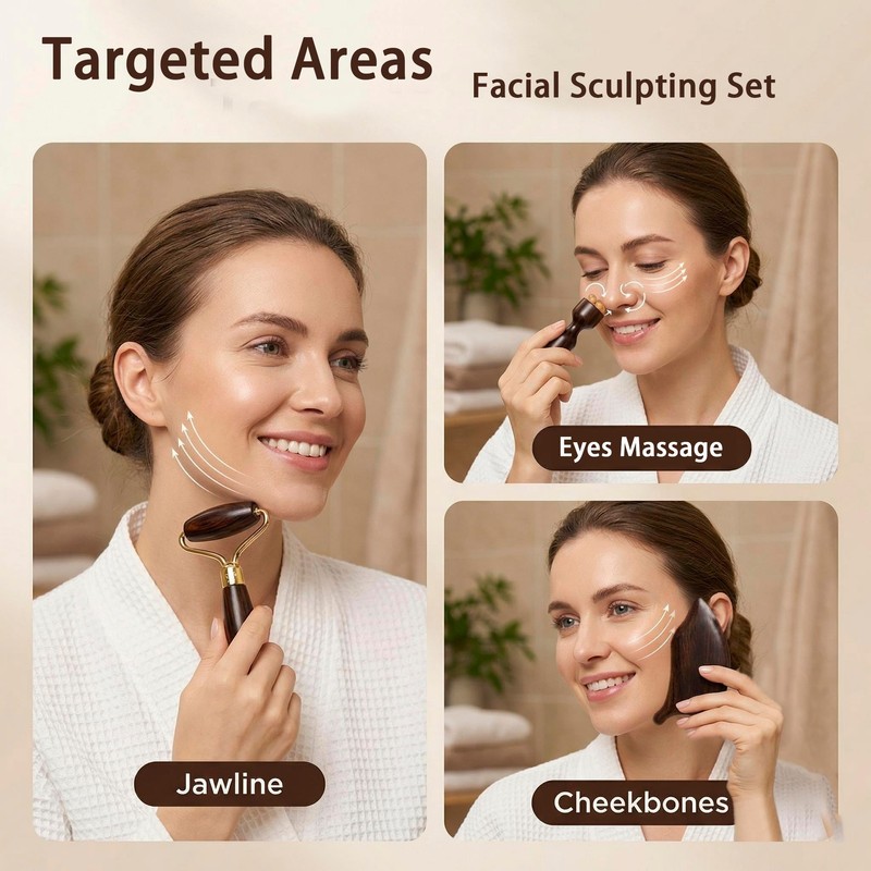 Red Sandalwood Face Roller & Leaf Gua Sha Set, Dual