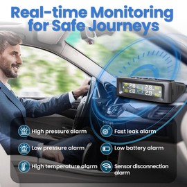 Tire Pressure Monitoring System 4-Wheel, Wireless Tire Pressure Monitoring Systems with 4 Sensors & 6 Alarm Modes, Solar/USB Charging, TPMS for Sedan Truck SUV w/ 10 Tire Repair Rubber Nails