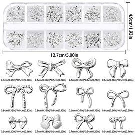 1Box/12Grid Silver Bow Nail Charms Bows For Nails Charms Multiple Shapes 3D Nail Bow Charms For Nails Design Cute Ribbon Bowknot Nail Charm Metal Nail Bows For Nails Supplies Nail Accessories Nail Art