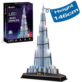 CubicFun 3D Puzzles for Adults Dubai Burj Khalifa Night Edition 146CM with Multi-Colored Lights, Architecture Model Building Kit Toys for Adults and Kids 136 Pieces