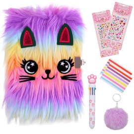 Secret Diary with Lock for Girls, Plush Cat Journal Notebook Set Cat Lockable Diary with Pompoms Keychain, Multicolored Pen, Diamond Stickers Gift for 6-12 Year Old Girls Birthday Presents