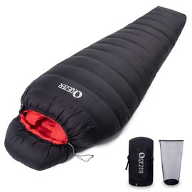 QEZER Ultralight Down Sleeping Bag for Adults with 600 Fill Power, Compact Sleeping Bag with Compression Sack for Backpacking, Hiking and Camping (Black 10 Degree F)