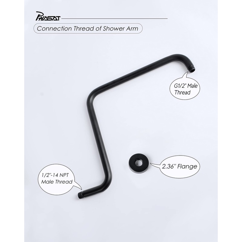 PHASAT 16 Inches Black Shower Head Arm,S Shaped Shower Arm