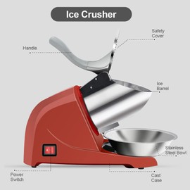 Greatrue Snow Cone Machine 380W Shaved Ice Machine 3 Blades, 280lbs/hr Electric ICE Shaver, Prevent Splash, for Home and Commercial Use with Ice Pick - Red