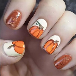 Thanksgiving Press On Nails Short Square Fake Nails Pumpkin With Glitter Design Fall False Nails Full Cover Glossy Acrylic Nails Orange Glue On Nails Cute Stick On Nails For Women Autumn Nails 24pcs