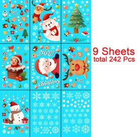 ENTHUR 242PCS Christmas Window Clings 9 Sheets Christmas Window Stickers Snowflakes Sata Claus Reindeer Snowman Xmas Decals for Chrismas Party Decoration Holiday Supplies
