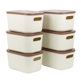 ZEXALOR 6Pcs Small Storage Bins with Lids, Modern Rectangular Plastic Organizer Bin Storage Containers, Stackable, Beige, Flip Top Lids, 10.2x6.7x4.7 Inches, 6 Count