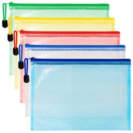 Mesh Zipper Pouch Bags - 5 Pack Waterproof Zipper Bags 6.8x9.4 Inch A5 Clear Mesh Storage Pouches Assorted Colors for Home, Office, School, Travel, Puzzles, Cosmetic, Accessories