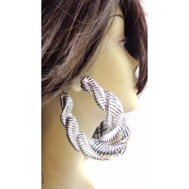 Unbranded LARGE PUFFED ROPE HOOP EARRINGS SILVER TONE OLD SCHOOL HOOPS 3.25 IN L 2.75 IN W