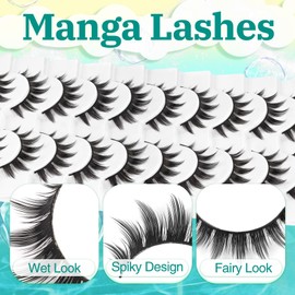 Fyonas Lashes Manga False Eyelashes 9-12mm Anime Lashes Strips C Curl Cosplay Fake Eyelashes 10 Pairs Thick Spiky Faux Mink Lashes Natural Look (FM02)