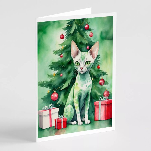 Devon Rex Cat By Christmas Tree Cards Envelopes Pack of