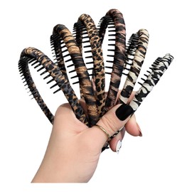 Xansema 4Pcs Zig Zag Headbands for Women Girls, Fashion Non-Slip Headbands, Adjustable Teeth Comb Hair Hoop Hairband Hair Accessories for Daily Use, Yoga, Spa, Parties (Leopard, One Size)